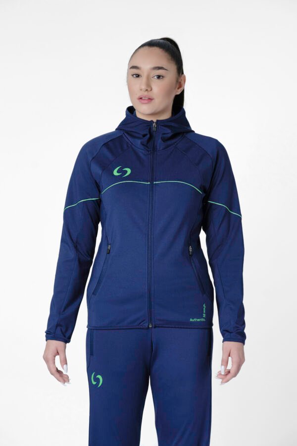 S-cut tracksuit jacket with hood (navy blue/green)