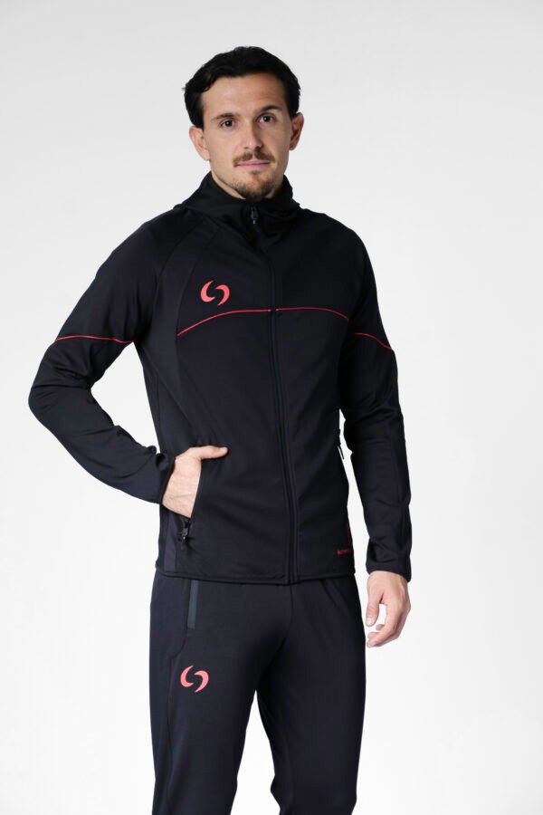 S-cut tracksuit jacket with hood (black/red)